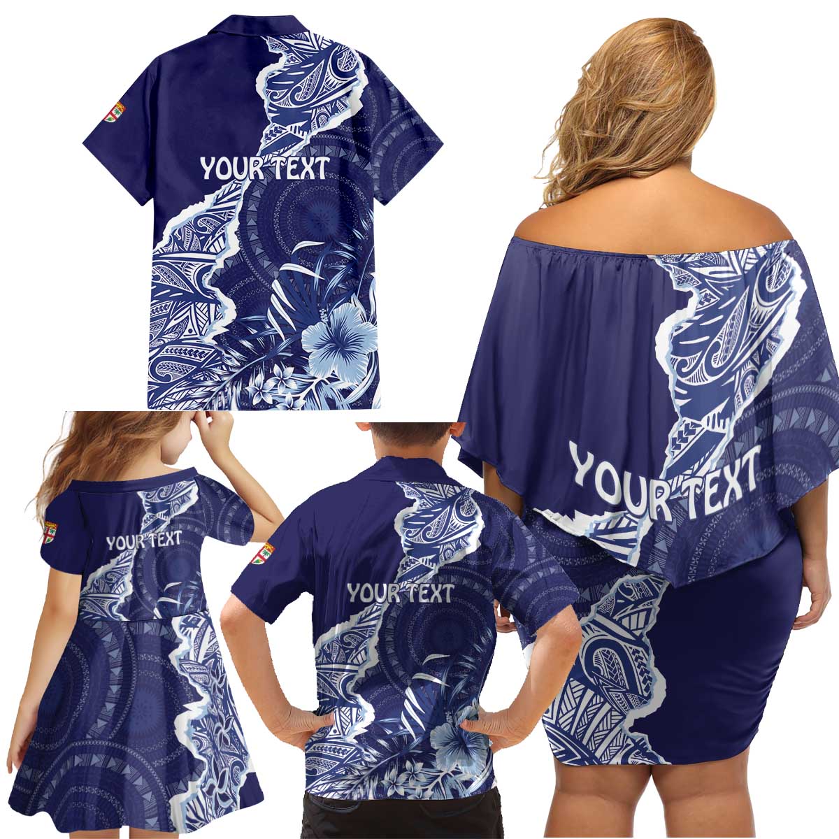 Fiji Queen Victoria School Personalised Family Matching Off Shoulder Short Dress and Hawaiian Shirt Masi Tapa Torn Style LT7 - Polynesian Pride