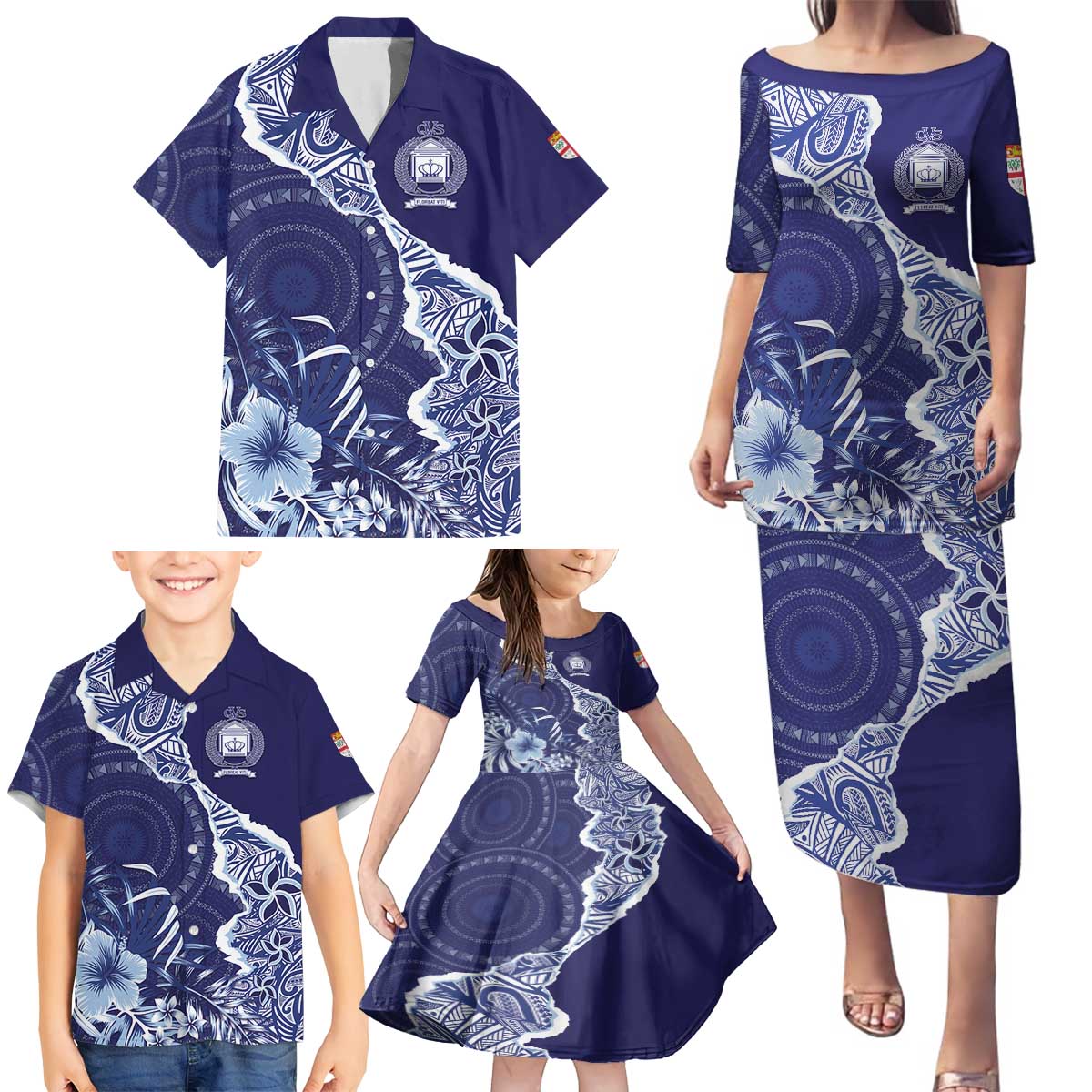 Fiji Queen Victoria School Personalised Family Matching Puletasi and Hawaiian Shirt Masi Tapa Torn Style LT7 - Polynesian Pride