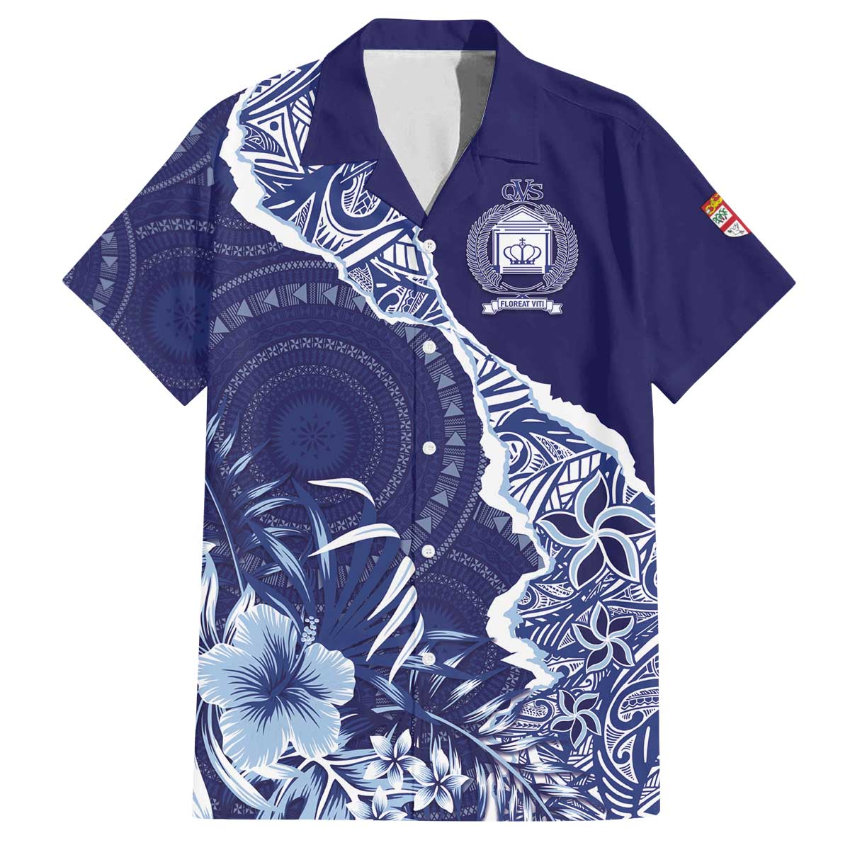 Fiji Queen Victoria School Personalised Family Matching Puletasi and Hawaiian Shirt Masi Tapa Torn Style LT7 Dad's Shirt - Short Sleeve Blue - Polynesian Pride