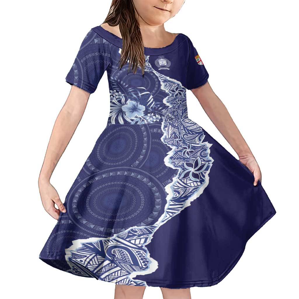 Fiji Queen Victoria School Personalised Family Matching Summer Maxi Dress and Hawaiian Shirt Masi Tapa Torn Style LT7 Daughter's Dress Blue - Polynesian Pride