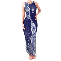 Fiji Queen Victoria School Personalised Family Matching Tank Maxi Dress and Hawaiian Shirt Masi Tapa Torn Style LT7 Mom's Dress Blue - Polynesian Pride