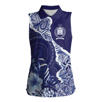Fiji Queen Victoria School Personalised Women Sleeveless Polo Shirt Masi Tapa Torn Style LT7 Female Blue - Polynesian Pride