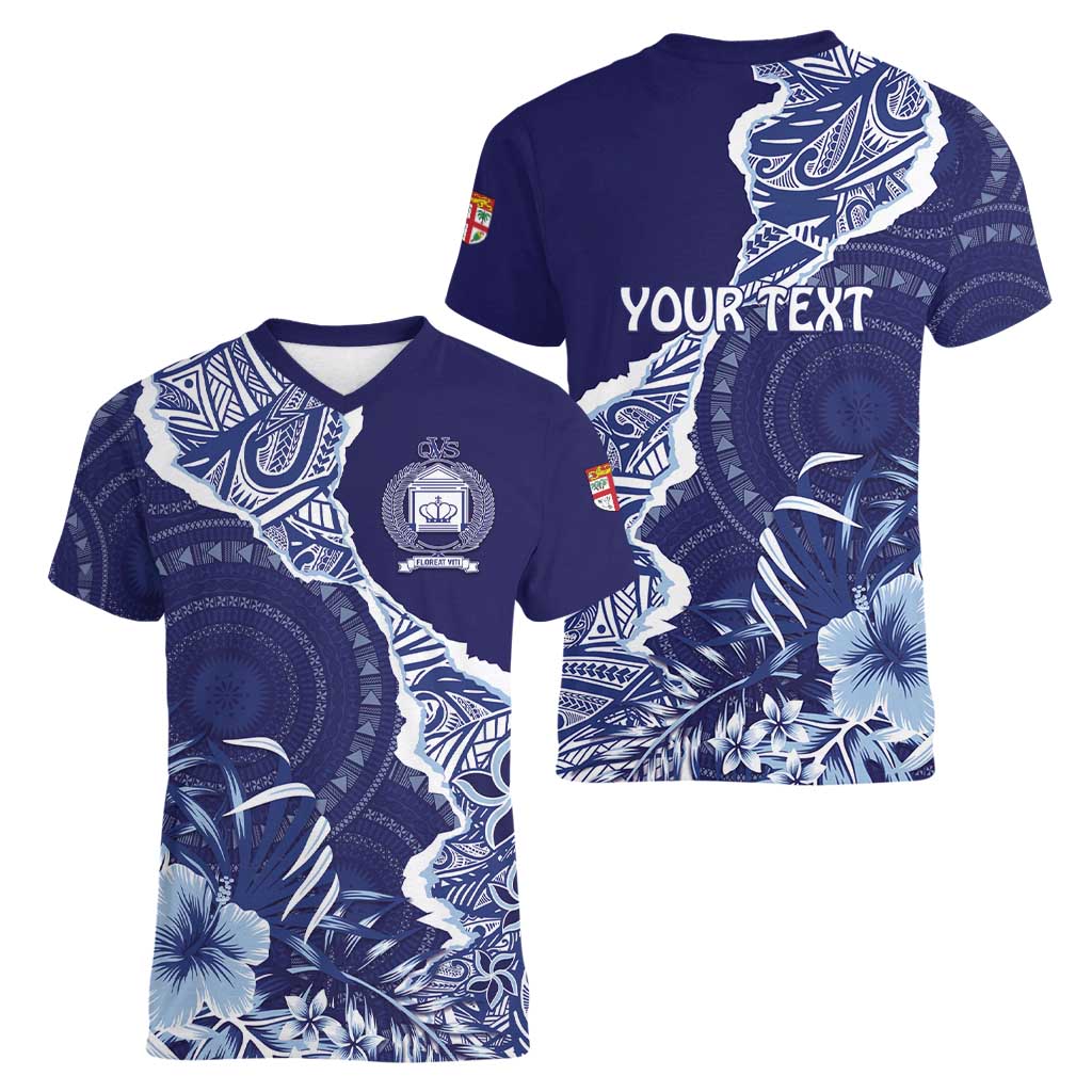 Fiji Queen Victoria School Personalised Women V-Neck T-Shirt Masi Tapa Torn Style