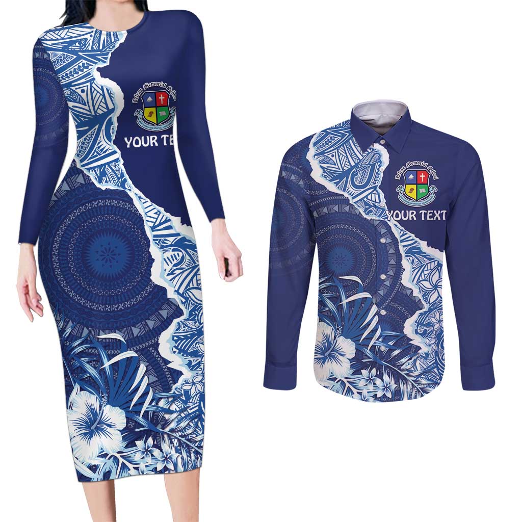 Fiji Lelean Memorial School Personalised Couples Matching Long Sleeve Bodycon Dress and Long Sleeve Button Shirt Korodredre Davuilevu Masi Mix Style LT7 Blue - Polynesian Pride