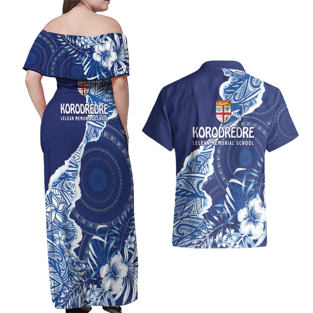 Fiji Lelean Memorial School Personalised Couples Matching Off Shoulder Maxi Dress and Hawaiian Shirt Korodredre Davuilevu Masi Mix Style LT7 - Polynesian Pride