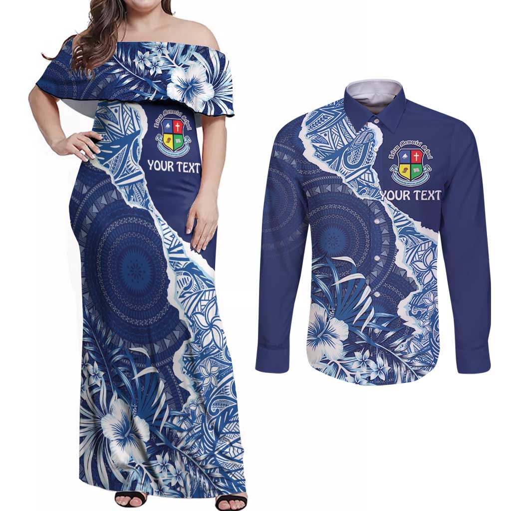 Fiji Lelean Memorial School Personalised Couples Matching Off Shoulder Maxi Dress and Long Sleeve Button Shirt Korodredre Davuilevu Masi Mix Style LT7 Blue - Polynesian Pride