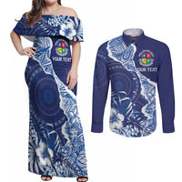Fiji Lelean Memorial School Personalised Couples Matching Off Shoulder Maxi Dress and Long Sleeve Button Shirt Korodredre Davuilevu Masi Mix Style LT7 Blue - Polynesian Pride