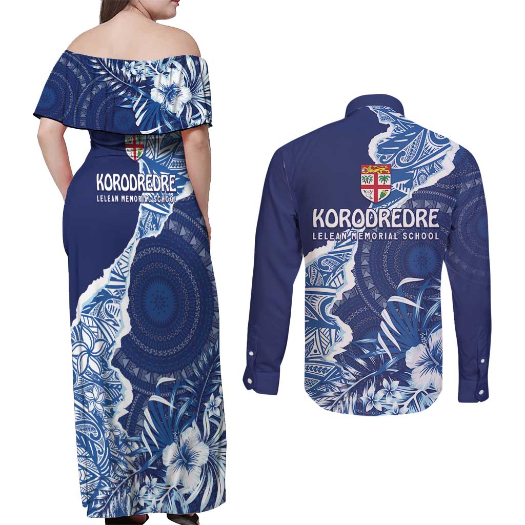 Fiji Lelean Memorial School Personalised Couples Matching Off Shoulder Maxi Dress and Long Sleeve Button Shirt Korodredre Davuilevu Masi Mix Style LT7 - Polynesian Pride