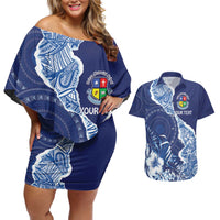 Fiji Lelean Memorial School Personalised Couples Matching Off Shoulder Short Dress and Hawaiian Shirt Korodredre Davuilevu Masi Mix Style LT7 Blue - Polynesian Pride