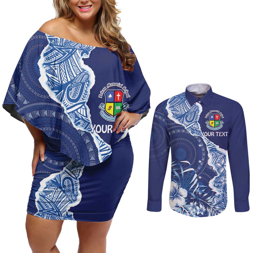 Fiji Lelean Memorial School Personalised Couples Matching Off Shoulder Short Dress and Long Sleeve Button Shirt Korodredre Davuilevu Masi Mix Style LT7 Blue - Polynesian Pride