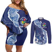 Fiji Lelean Memorial School Personalised Couples Matching Off Shoulder Short Dress and Long Sleeve Button Shirt Korodredre Davuilevu Masi Mix Style LT7 Blue - Polynesian Pride