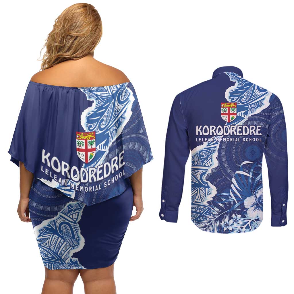 Fiji Lelean Memorial School Personalised Couples Matching Off Shoulder Short Dress and Long Sleeve Button Shirt Korodredre Davuilevu Masi Mix Style LT7 - Polynesian Pride
