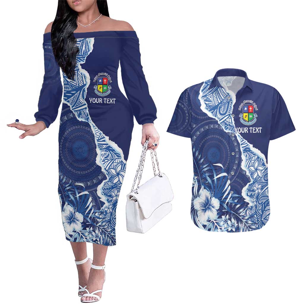 Fiji Lelean Memorial School Personalised Couples Matching Off The Shoulder Long Sleeve Dress and Hawaiian Shirt Korodredre Davuilevu Masi Mix Style LT7 Blue - Polynesian Pride