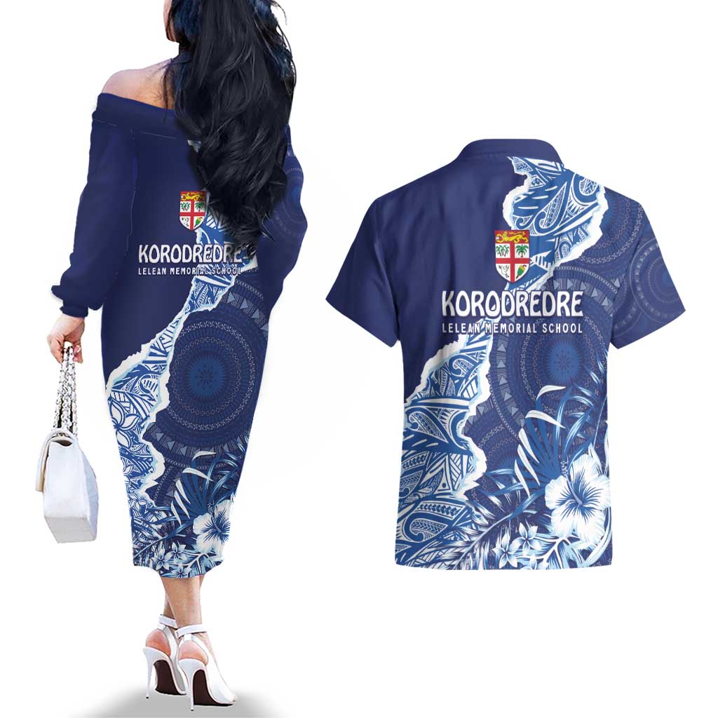 Fiji Lelean Memorial School Personalised Couples Matching Off The Shoulder Long Sleeve Dress and Hawaiian Shirt Korodredre Davuilevu Masi Mix Style LT7 - Polynesian Pride