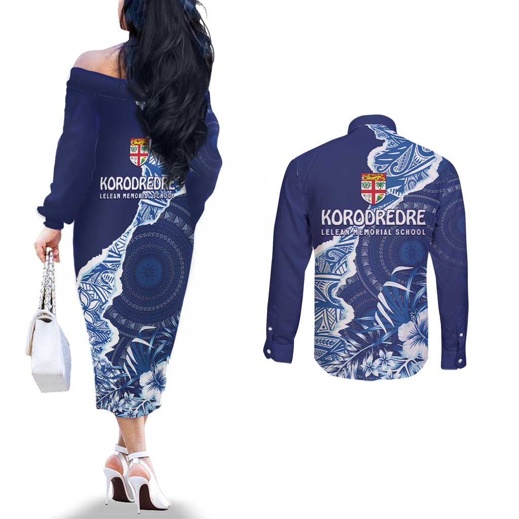 Fiji Lelean Memorial School Personalised Couples Matching Off The Shoulder Long Sleeve Dress and Long Sleeve Button Shirt Korodredre Davuilevu Masi Mix Style LT7 - Polynesian Pride