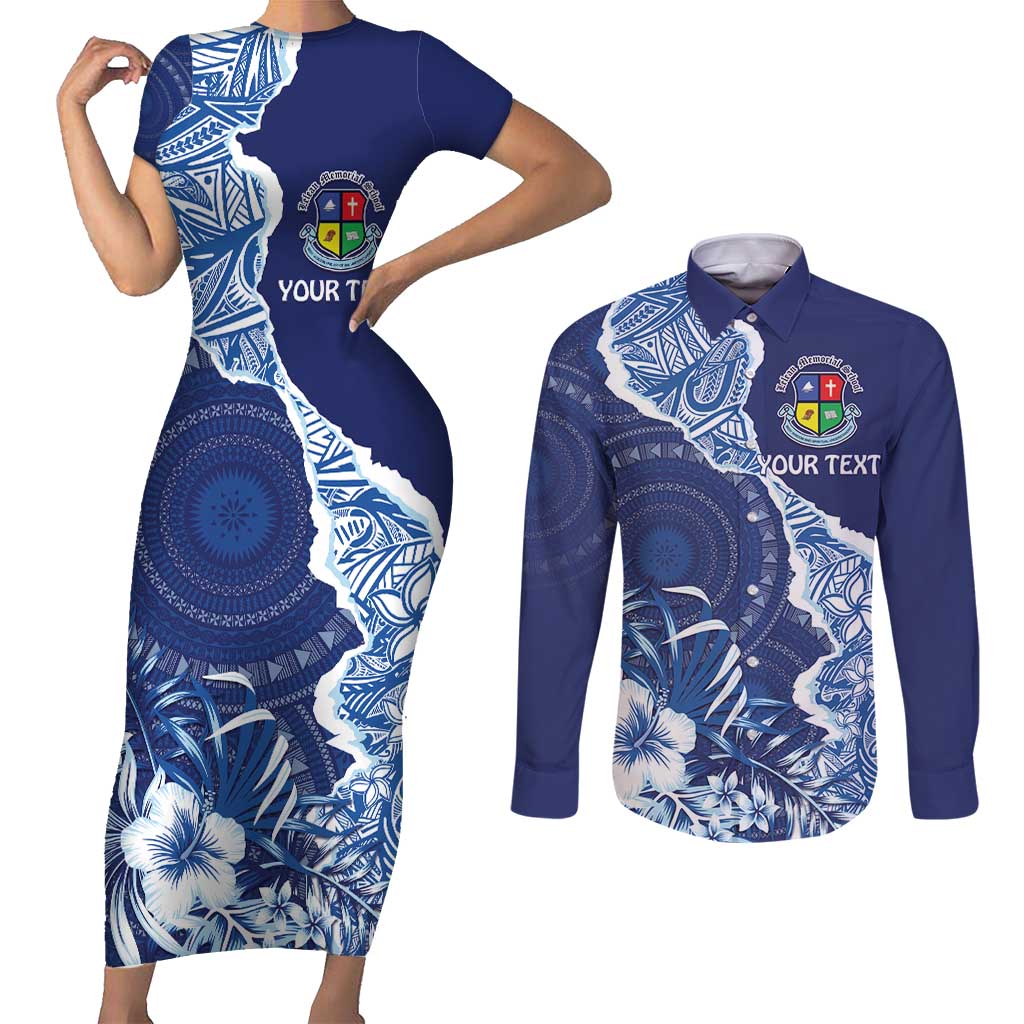 Fiji Lelean Memorial School Personalised Couples Matching Short Sleeve Bodycon Dress and Long Sleeve Button Shirt Korodredre Davuilevu Masi Mix Style LT7 Blue - Polynesian Pride