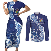 Fiji Lelean Memorial School Personalised Couples Matching Short Sleeve Bodycon Dress and Long Sleeve Button Shirt Korodredre Davuilevu Masi Mix Style LT7 Blue - Polynesian Pride