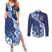Fiji Lelean Memorial School Personalised Couples Matching Summer Maxi Dress and Long Sleeve Button Shirt Korodredre Davuilevu Masi Mix Style LT7 Blue - Polynesian Pride