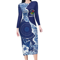 Fiji Lelean Memorial School Personalised Family Matching Long Sleeve Bodycon Dress and Hawaiian Shirt Korodredre Davuilevu Masi Mix Style LT7 Mom's Dress Blue - Polynesian Pride