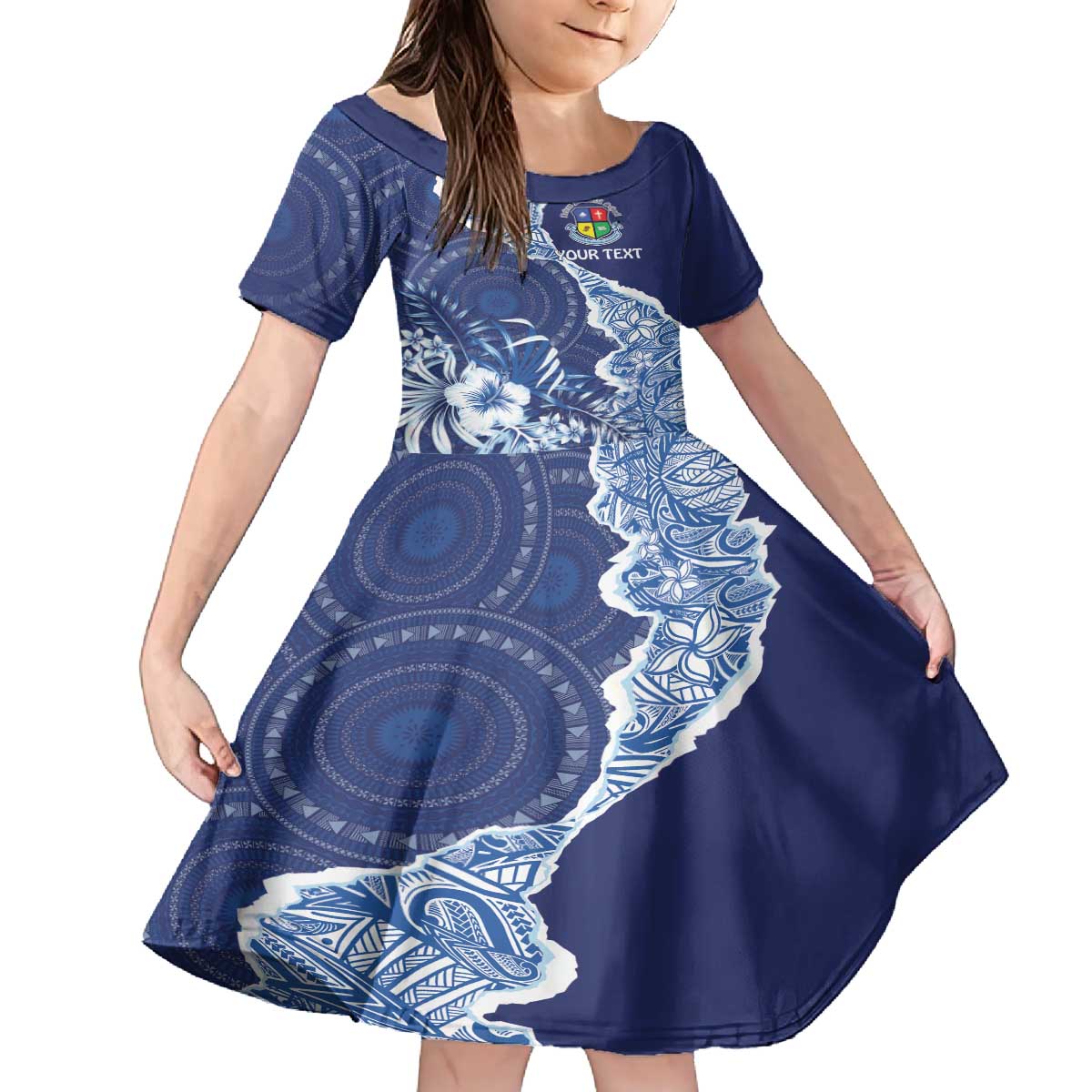 Fiji Lelean Memorial School Personalised Family Matching Off The Shoulder Long Sleeve Dress and Hawaiian Shirt Korodredre Davuilevu Masi Mix Style LT7 Daughter's Dress Blue - Polynesian Pride