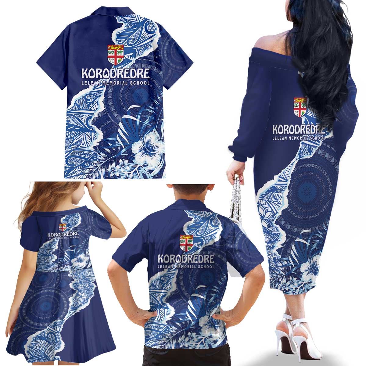 Fiji Lelean Memorial School Personalised Family Matching Off The Shoulder Long Sleeve Dress and Hawaiian Shirt Korodredre Davuilevu Masi Mix Style LT7 - Polynesian Pride