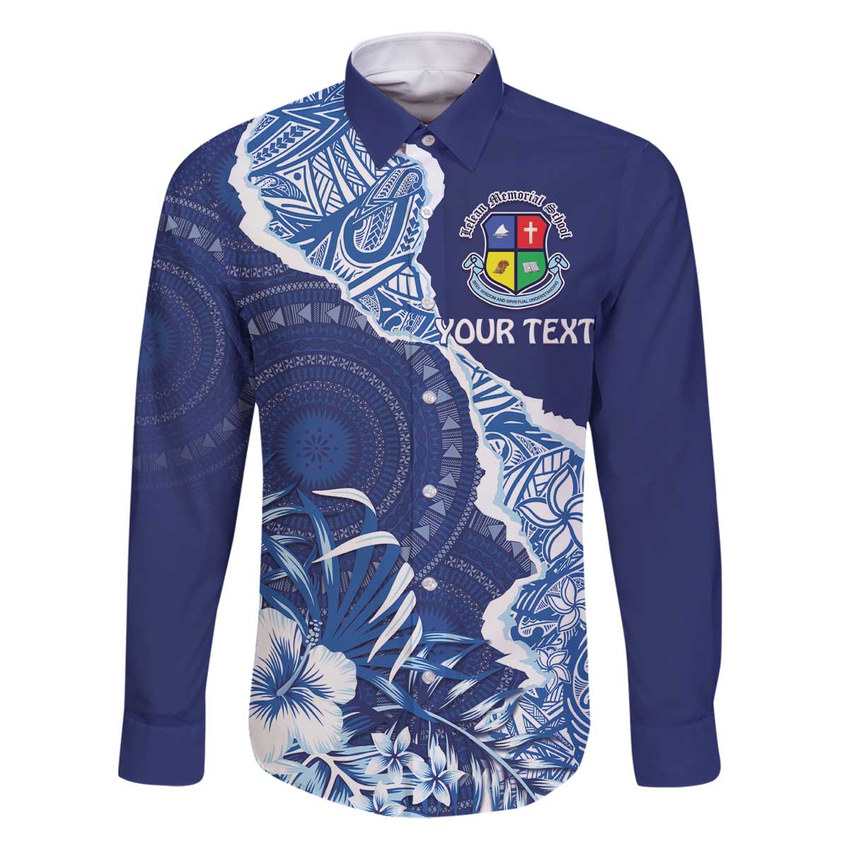 Fiji Lelean Memorial School Personalised Family Matching Off Shoulder Short Dress and Hawaiian Shirt Korodredre Davuilevu Masi Mix Style LT7 Dad's Shirt - Long Sleeve Blue - Polynesian Pride