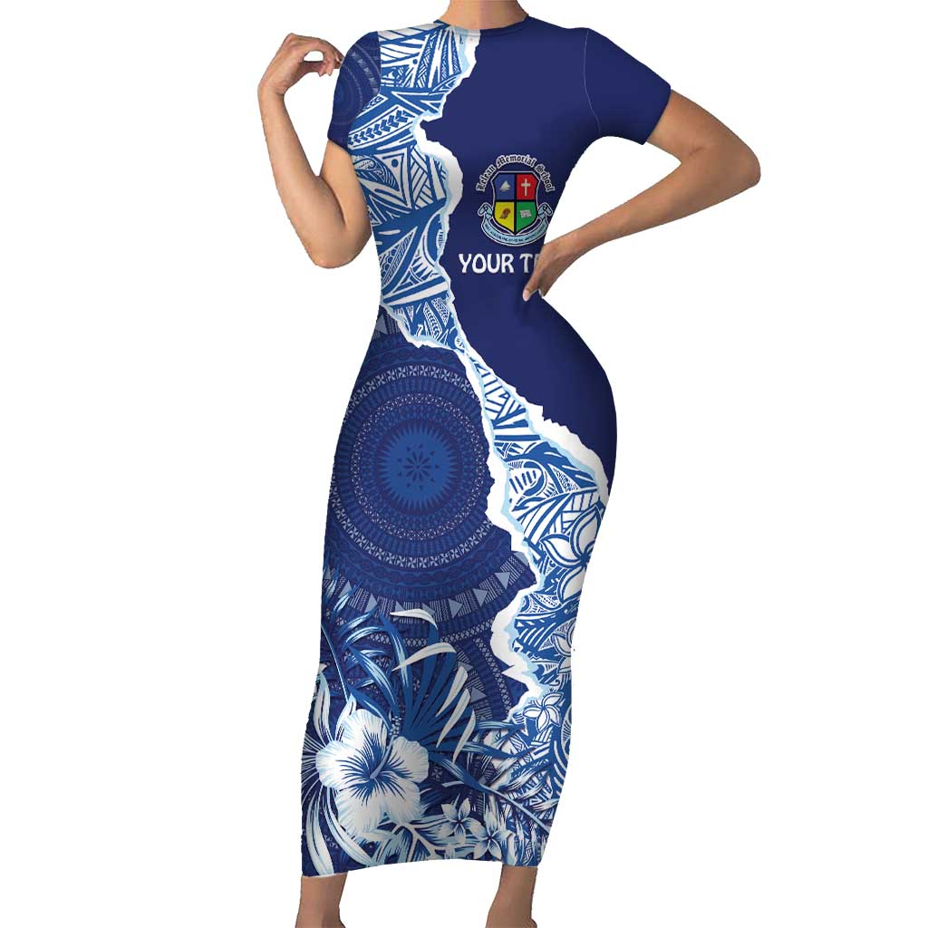 Fiji Lelean Memorial School Personalised Family Matching Short Sleeve Bodycon Dress and Hawaiian Shirt Korodredre Davuilevu Masi Mix Style LT7 Mom's Dress Blue - Polynesian Pride