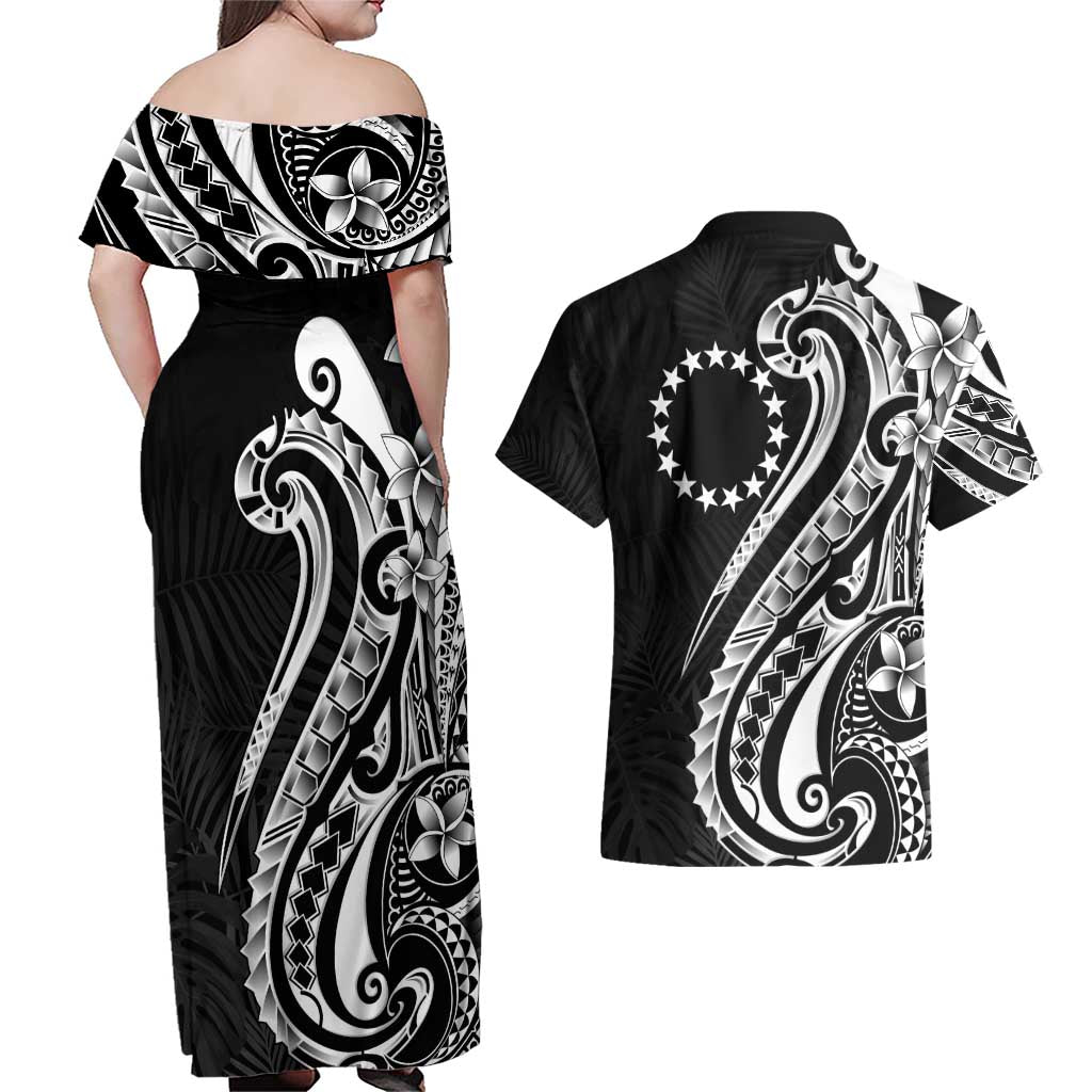 Kia Orana Cook Islands Couples Matching Off Shoulder Maxi Dress and Hawaiian Shirt Kerekere Plumeria Tropical Waves LT7 - Polynesian Pride