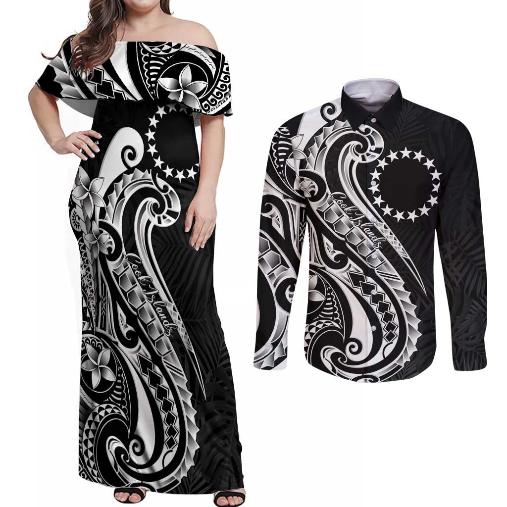Kia Orana Cook Islands Couples Matching Off Shoulder Maxi Dress and Long Sleeve Button Shirt Kerekere Plumeria Tropical Waves LT7 Black - Polynesian Pride