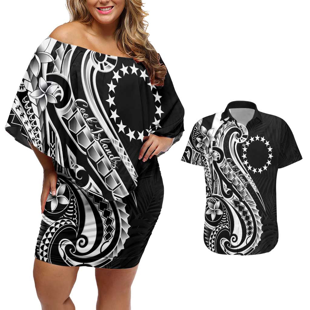 Kia Orana Cook Islands Couples Matching Off Shoulder Short Dress and Hawaiian Shirt Kerekere Plumeria Tropical Waves - Polynesian Pride