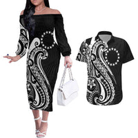 Kia Orana Cook Islands Couples Matching Off The Shoulder Long Sleeve Dress and Hawaiian Shirt Kerekere Plumeria Tropical Waves LT7 Black - Polynesian Pride
