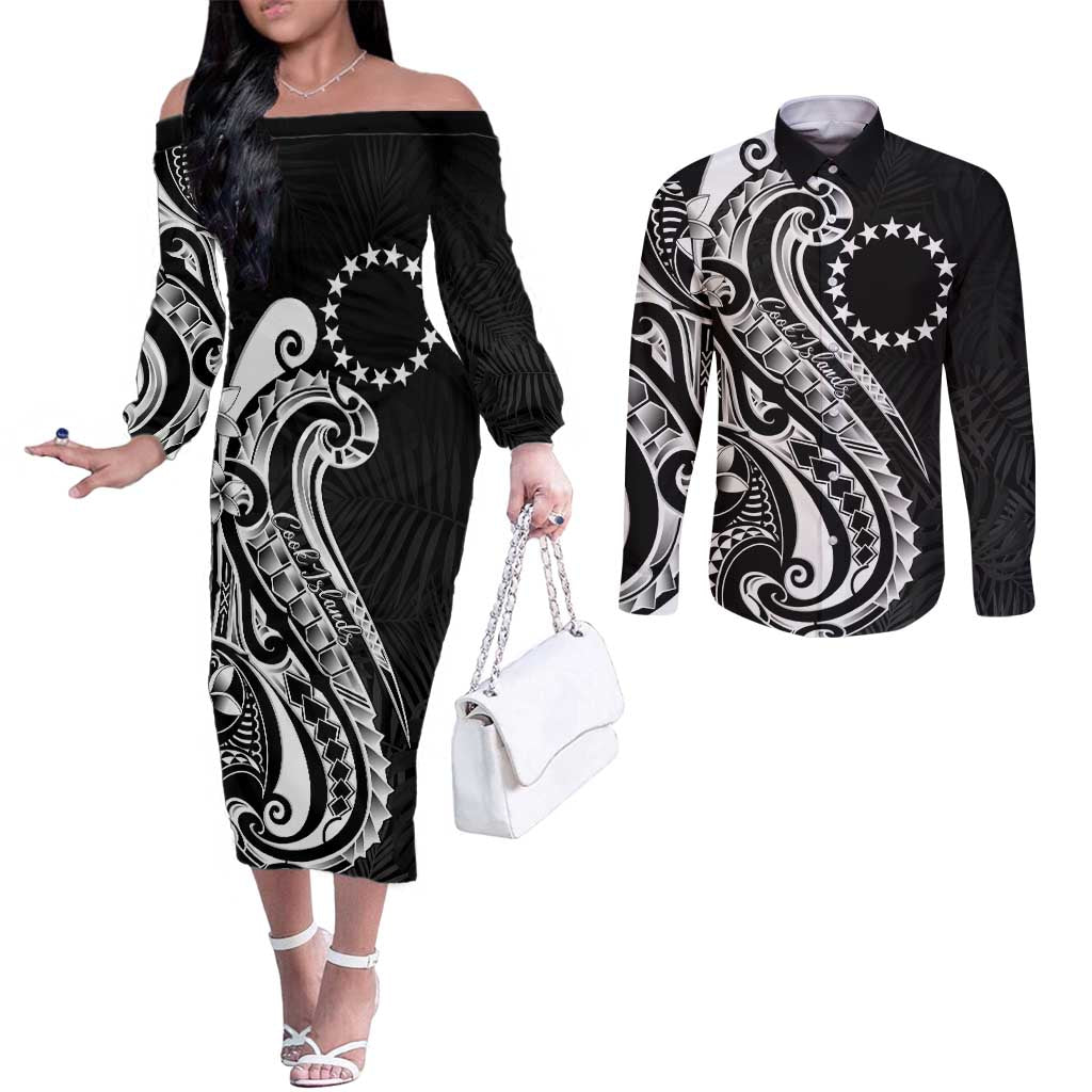 Kia Orana Cook Islands Couples Matching Off The Shoulder Long Sleeve Dress and Long Sleeve Button Shirt Kerekere Plumeria Tropical Waves - Polynesian Pride