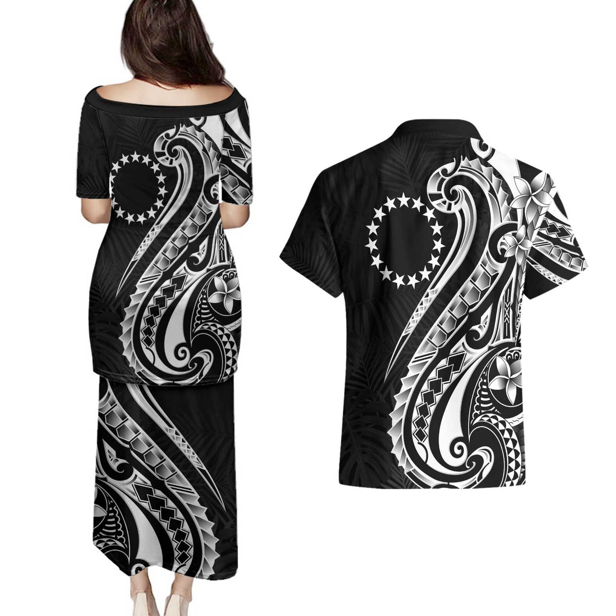Kia Orana Cook Islands Couples Matching Puletasi and Hawaiian Shirt Kerekere Plumeria Tropical Waves LT7 - Polynesian Pride