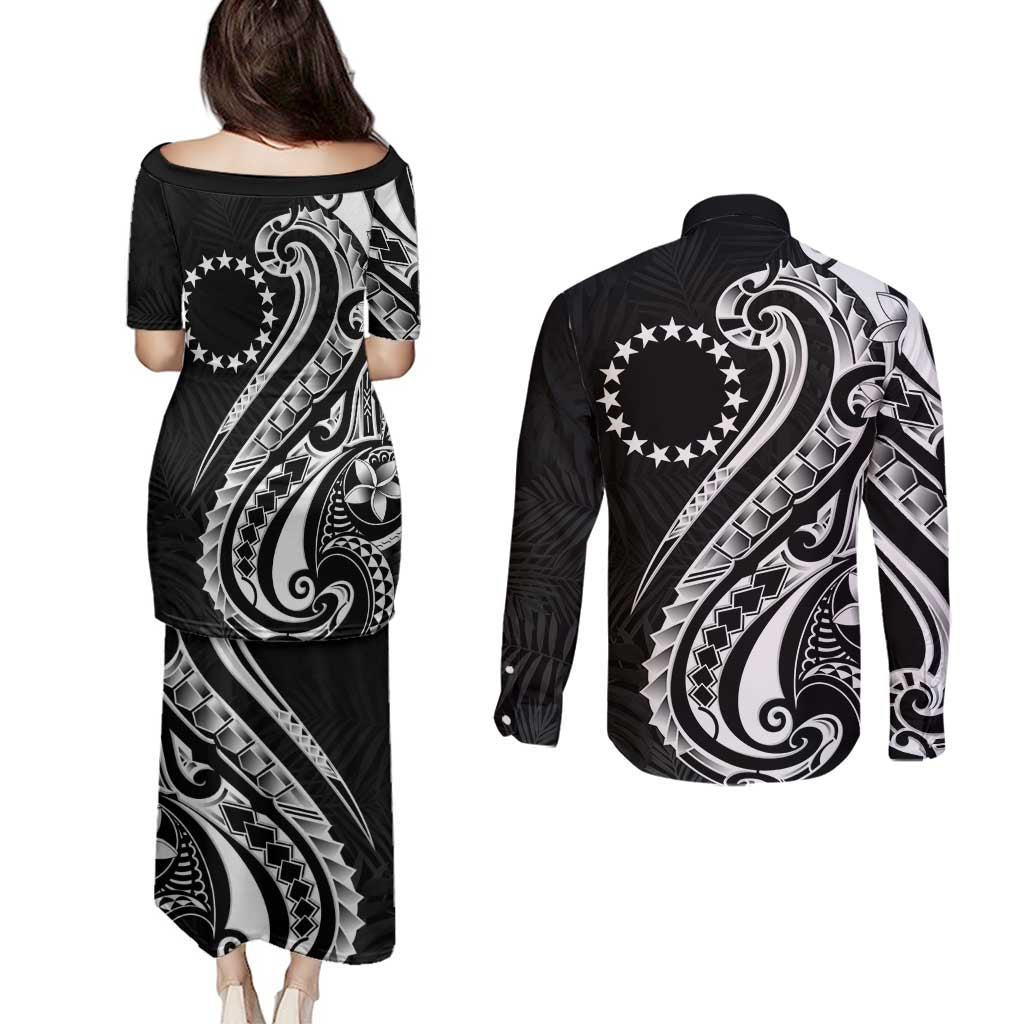 Kia Orana Cook Islands Couples Matching Puletasi and Long Sleeve Button Shirt Kerekere Plumeria Tropical Waves LT7 - Polynesian Pride