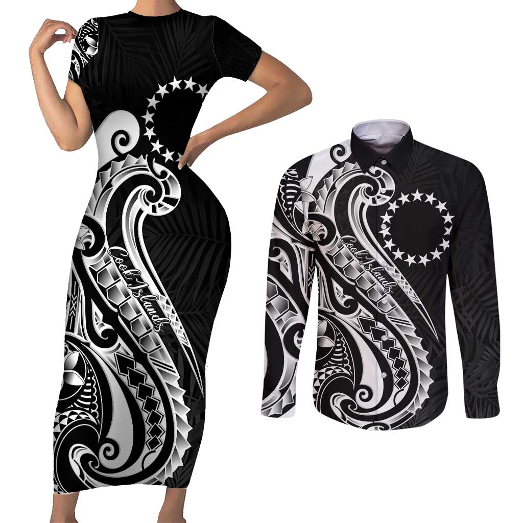 Kia Orana Cook Islands Couples Matching Short Sleeve Bodycon Dress and Long Sleeve Button Shirt Kerekere Plumeria Tropical Waves LT7 Black - Polynesian Pride