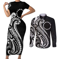 Kia Orana Cook Islands Couples Matching Short Sleeve Bodycon Dress and Long Sleeve Button Shirt Kerekere Plumeria Tropical Waves LT7 Black - Polynesian Pride
