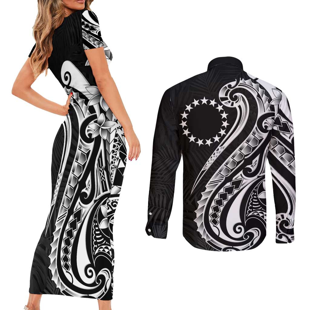 Kia Orana Cook Islands Couples Matching Short Sleeve Bodycon Dress and Long Sleeve Button Shirt Kerekere Plumeria Tropical Waves LT7 - Polynesian Pride
