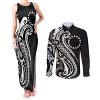 Kia Orana Cook Islands Couples Matching Tank Maxi Dress and Long Sleeve Button Shirt Kerekere Plumeria Tropical Waves LT7 Black - Polynesian Pride
