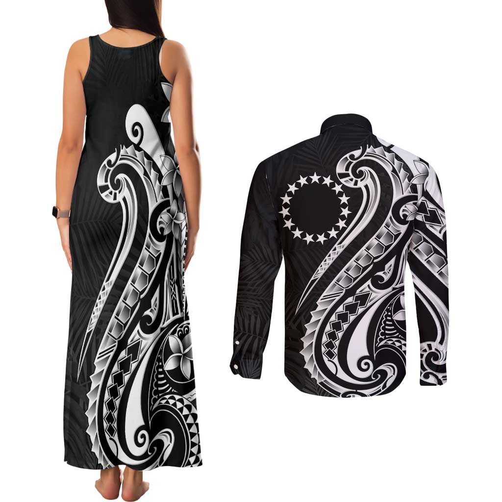 Kia Orana Cook Islands Couples Matching Tank Maxi Dress and Long Sleeve Button Shirt Kerekere Plumeria Tropical Waves LT7 - Polynesian Pride