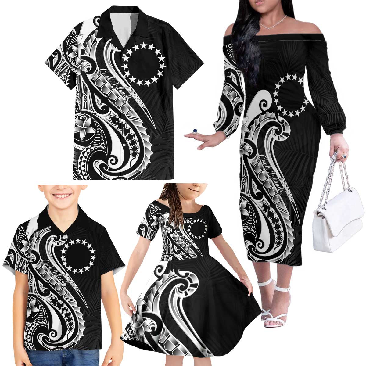 Kia Orana Cook Islands Family Matching Off The Shoulder Long Sleeve Dress and Hawaiian Shirt Kerekere Plumeria Tropical Waves LT7 - Polynesian Pride