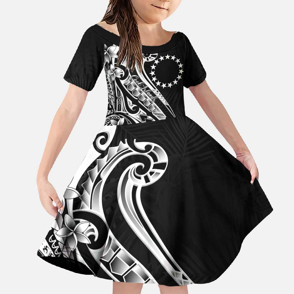 Kia Orana Cook Islands Family Matching Off Shoulder Maxi Dress and Hawaiian Shirt Kerekere Plumeria Tropical Waves LT7 Daughter's Dress Black - Polynesian Pride