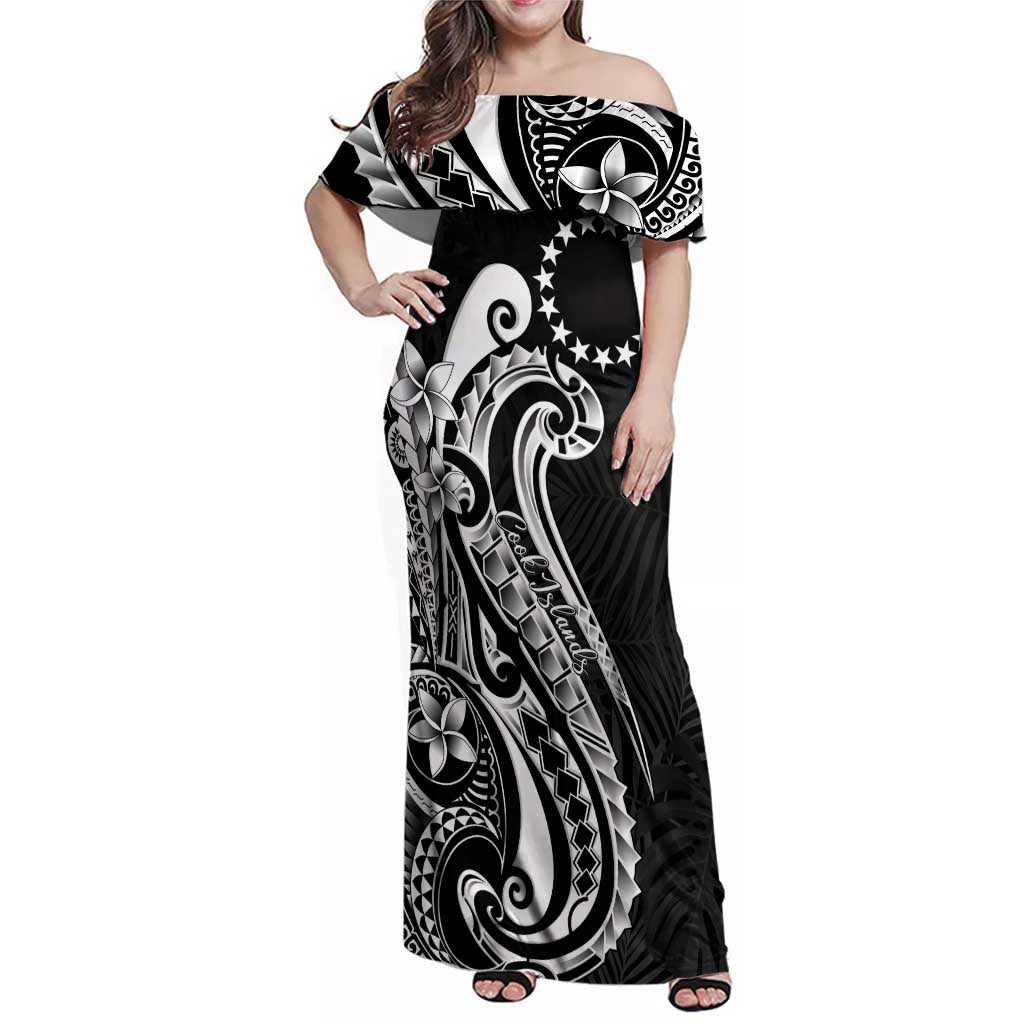 Kia Orana Cook Islands Family Matching Off Shoulder Maxi Dress and Hawaiian Shirt Kerekere Plumeria Tropical Waves LT7 Mom's Dress Black - Polynesian Pride
