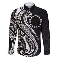 Kia Orana Cook Islands Family Matching Off Shoulder Short Dress and Hawaiian Shirt Kerekere Plumeria Tropical Waves LT7 Dad's Shirt - Long Sleeve Black - Polynesian Pride