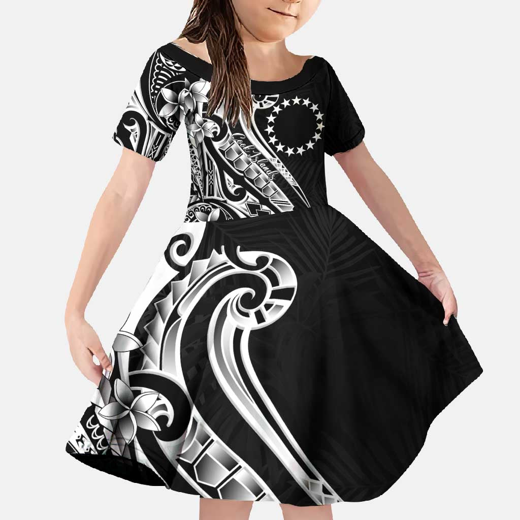 Kia Orana Cook Islands Family Matching Tank Maxi Dress and Hawaiian Shirt Kerekere Plumeria Tropical Waves LT7 Daughter's Dress Black - Polynesian Pride