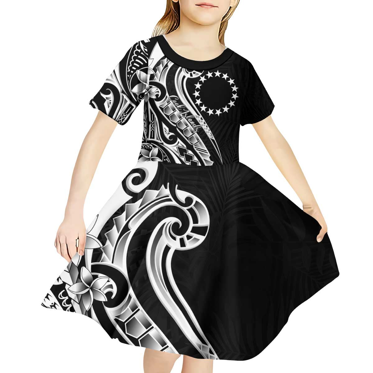 Kia Orana Cook Islands Kid Short Sleeve Dress Kerekere Plumeria Tropical Waves LT7 - Polynesian Pride