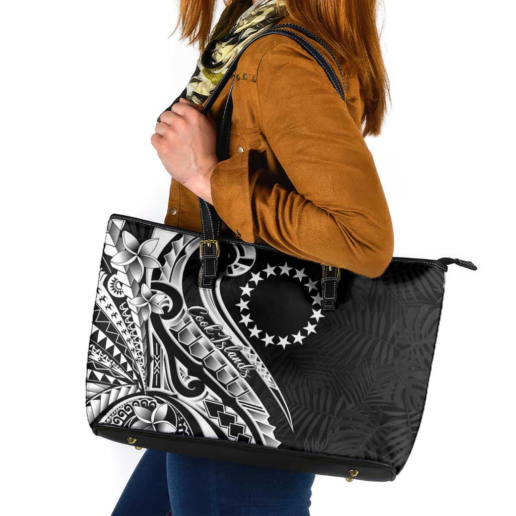 Kia Orana Cook Islands Leather Tote Bag Kerekere Plumeria Tropical Waves LT7 Black - Polynesian Pride