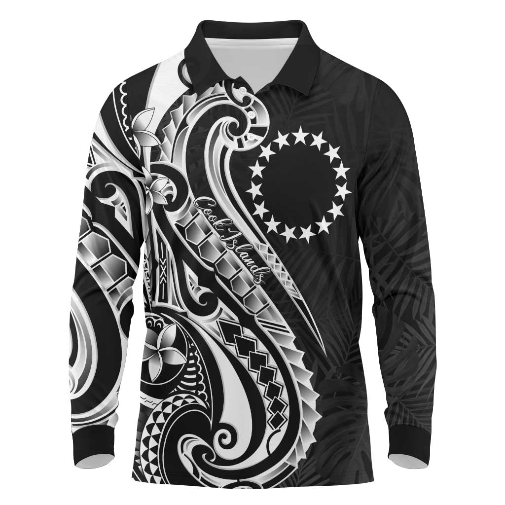 Kia Orana Cook Islands Long Sleeve Polo Shirt Kerekere Plumeria Tropical Waves LT7 Black - Polynesian Pride