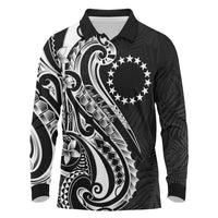 Kia Orana Cook Islands Long Sleeve Polo Shirt Kerekere Plumeria Tropical Waves LT7 Black - Polynesian Pride