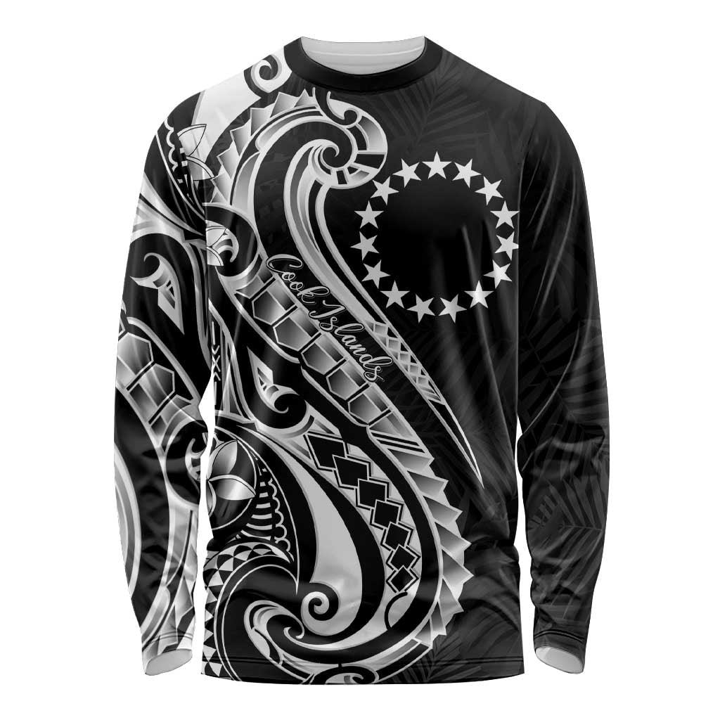 Kia Orana Cook Islands Long Sleeve Shirt Kerekere Plumeria Tropical Waves LT7 Unisex Black - Polynesian Pride