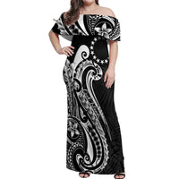 Kia Orana Cook Islands Off Shoulder Maxi Dress Kerekere Plumeria Tropical Waves LT7 Women Black - Polynesian Pride